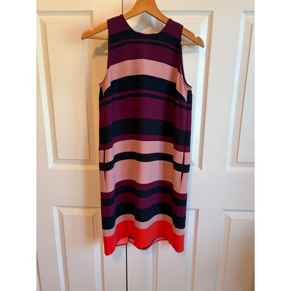 Ann Taylor Petite Sleeveless Shift Dress Pink Plum Striped Pockets SP
